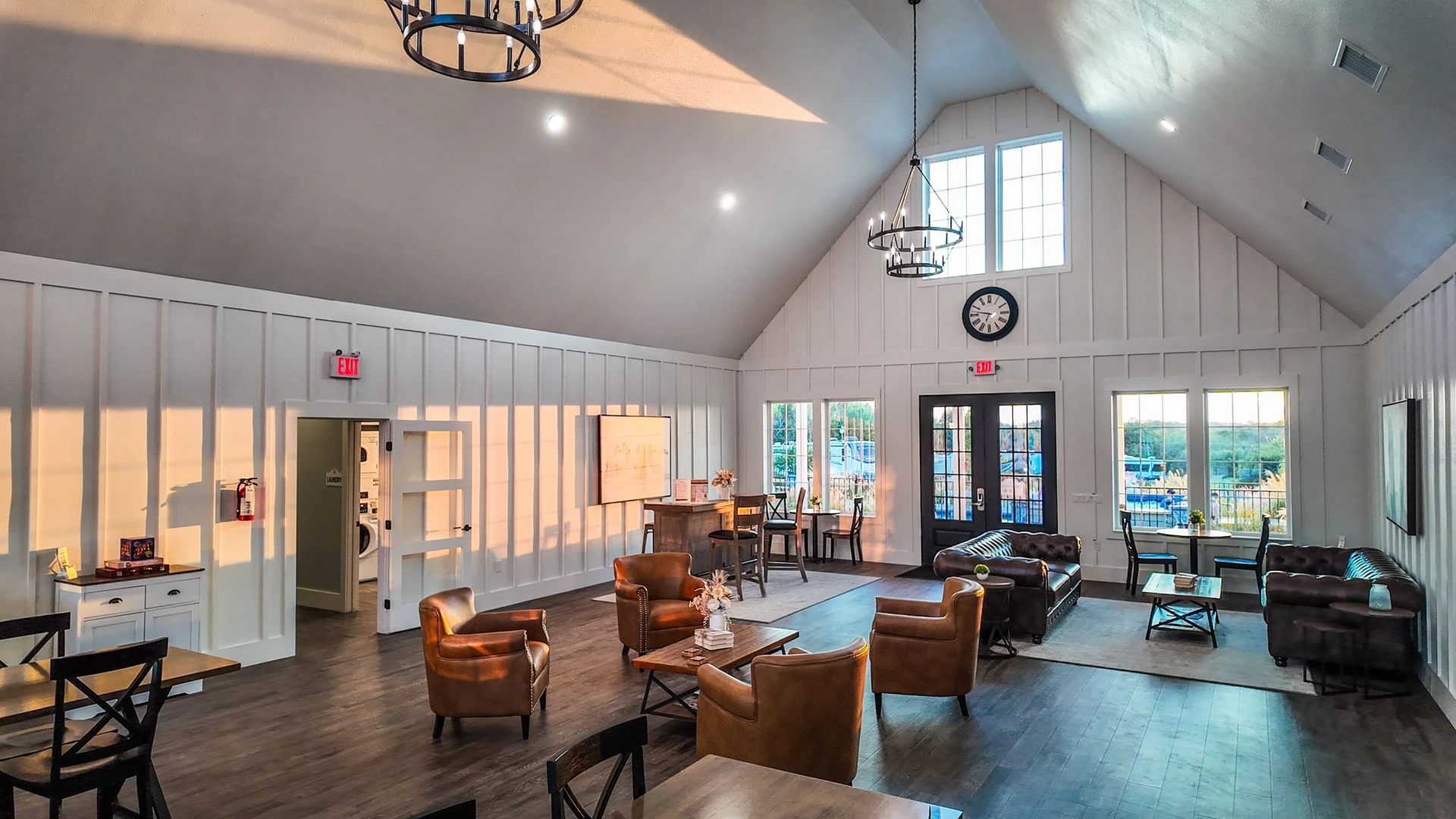 Welcoming farmhouse-style dining hall and lounge — settle in with coffee, conversation, and the easy pace of Sugar Hill.